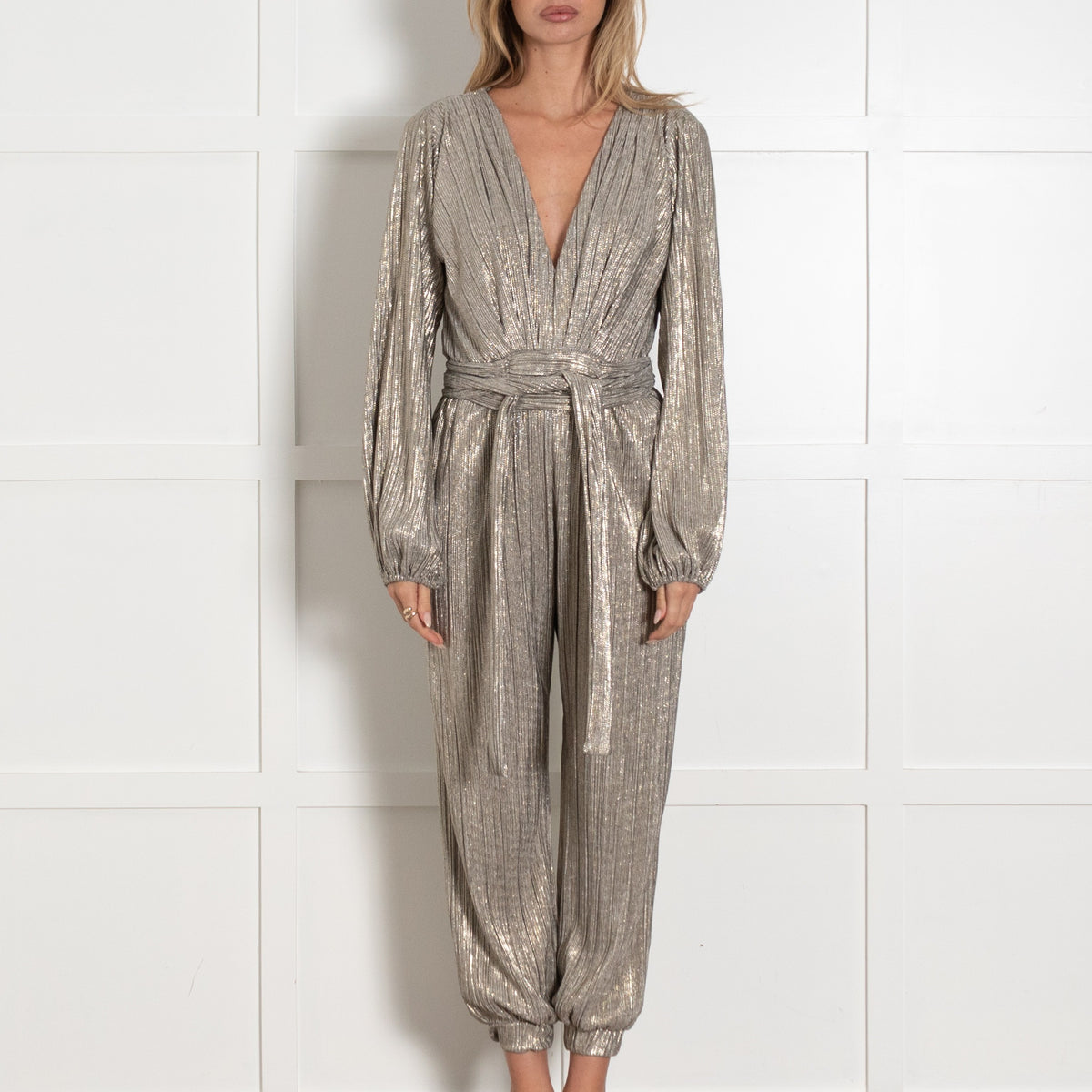 Melissa Odabash Gold Textured Belted Long-Sleeved Jumpsuit - Image 2