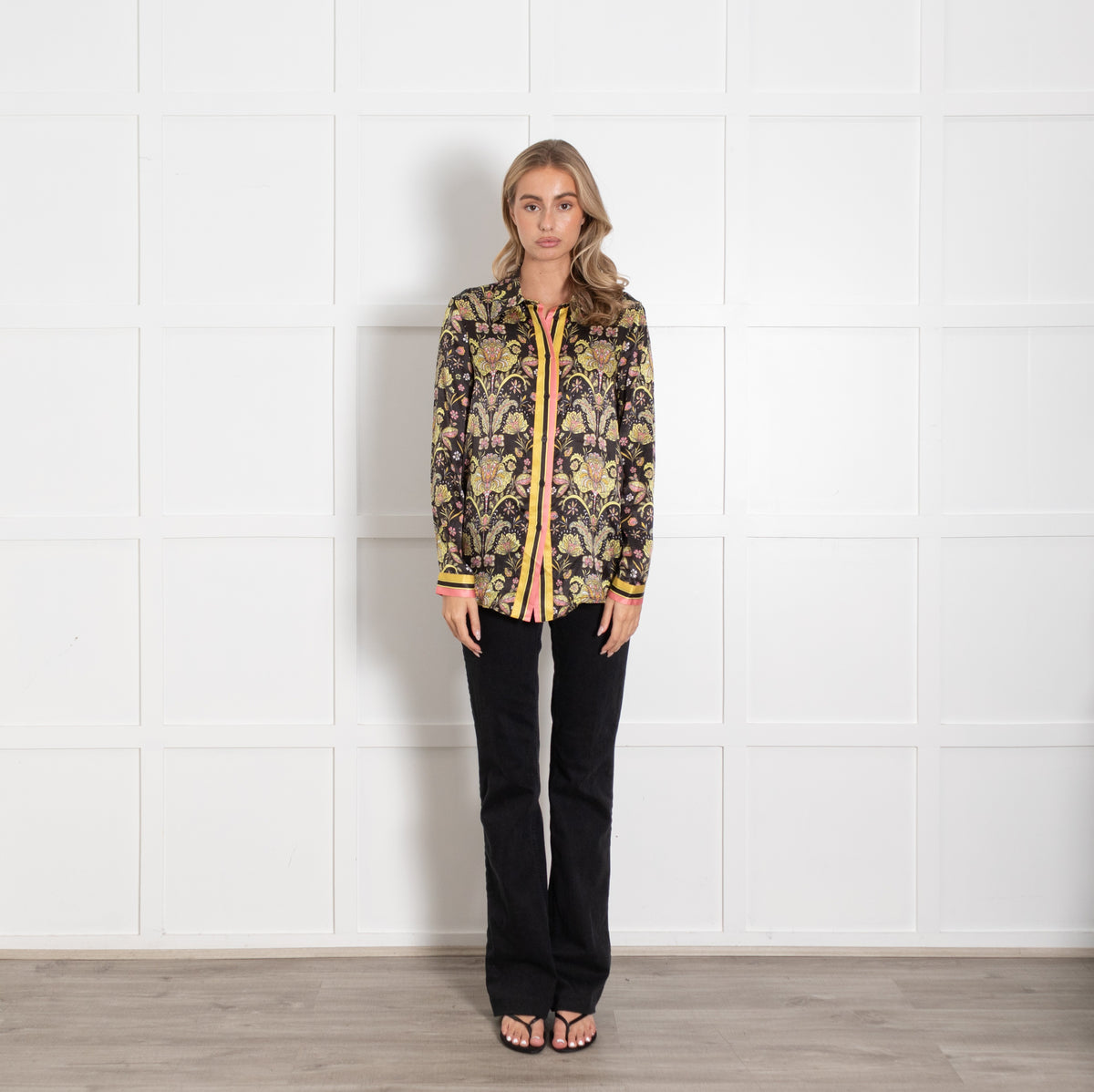 Mirto Black Yellow Floral Silk Shirt UK 10 - Image 1