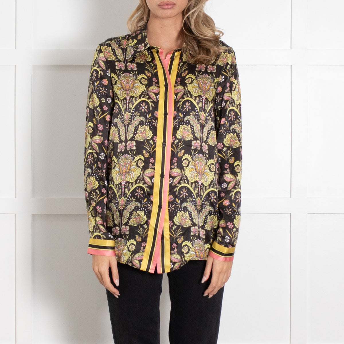 Mirto Black Yellow Floral Silk Shirt UK 10 - Image 2