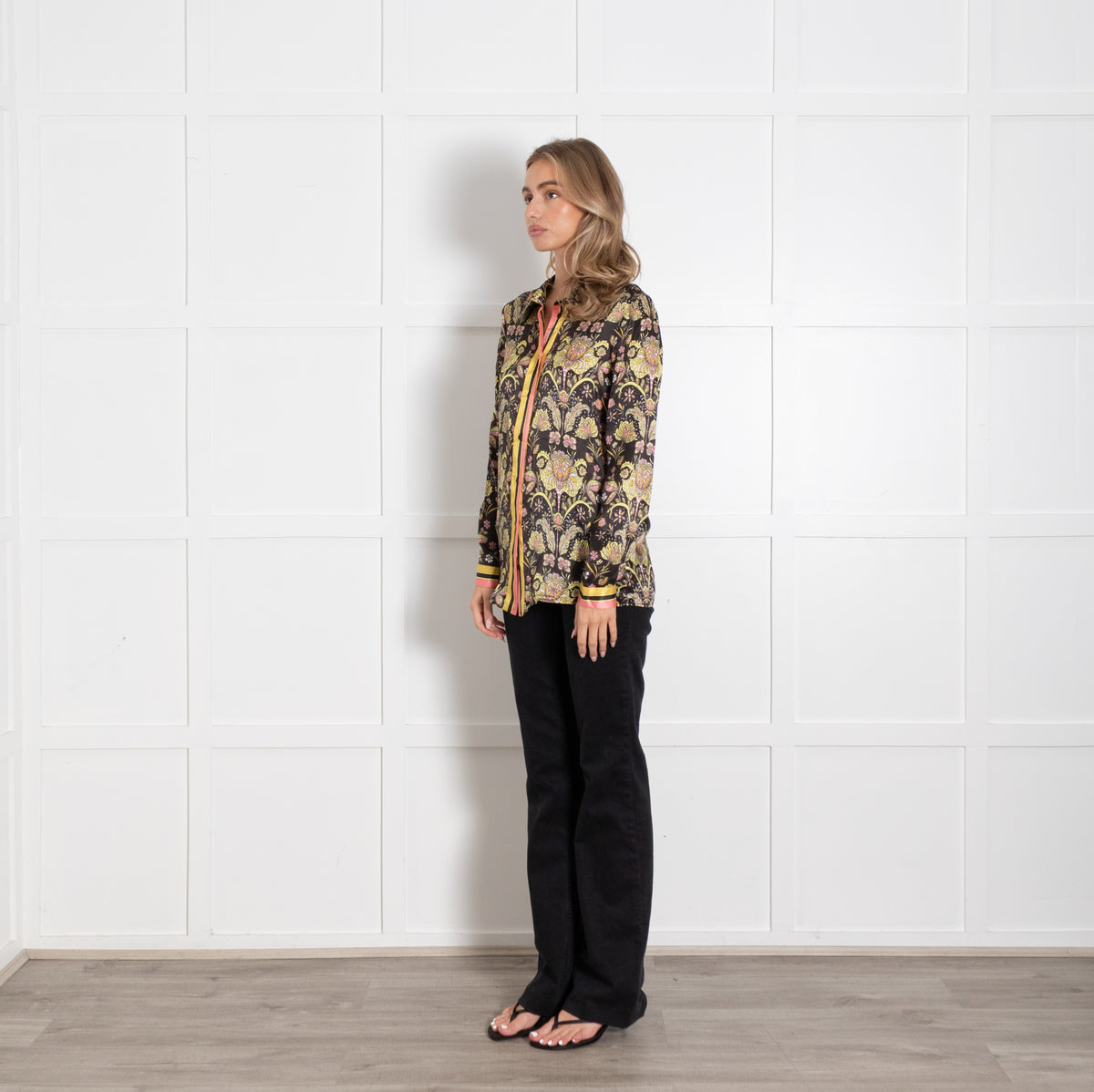 Mirto Black Yellow Floral Silk Shirt UK 10 - Image 3