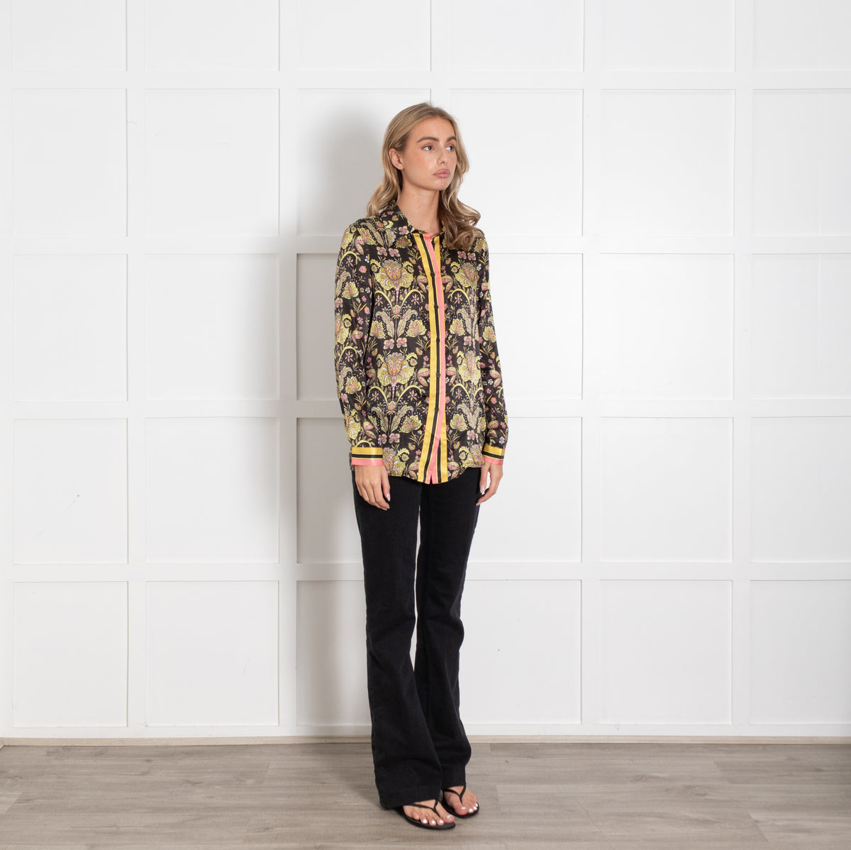 Mirto Black Yellow Floral Silk Shirt UK 10 - Image 7