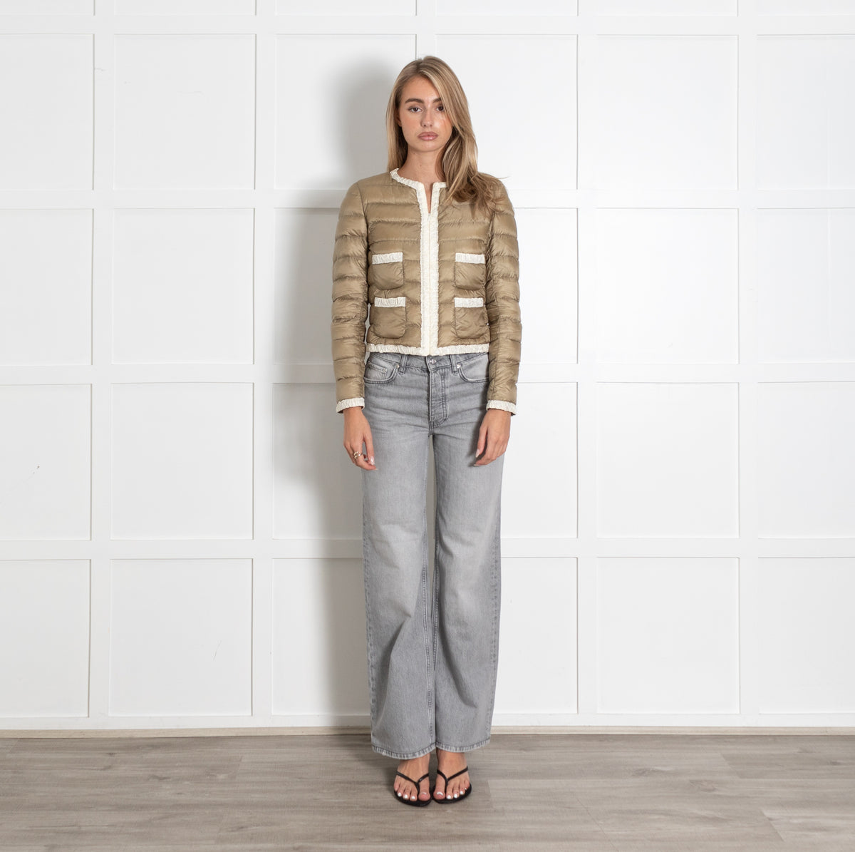 Flavienne Beige White Trim Down Puffer Jacket - Image 1