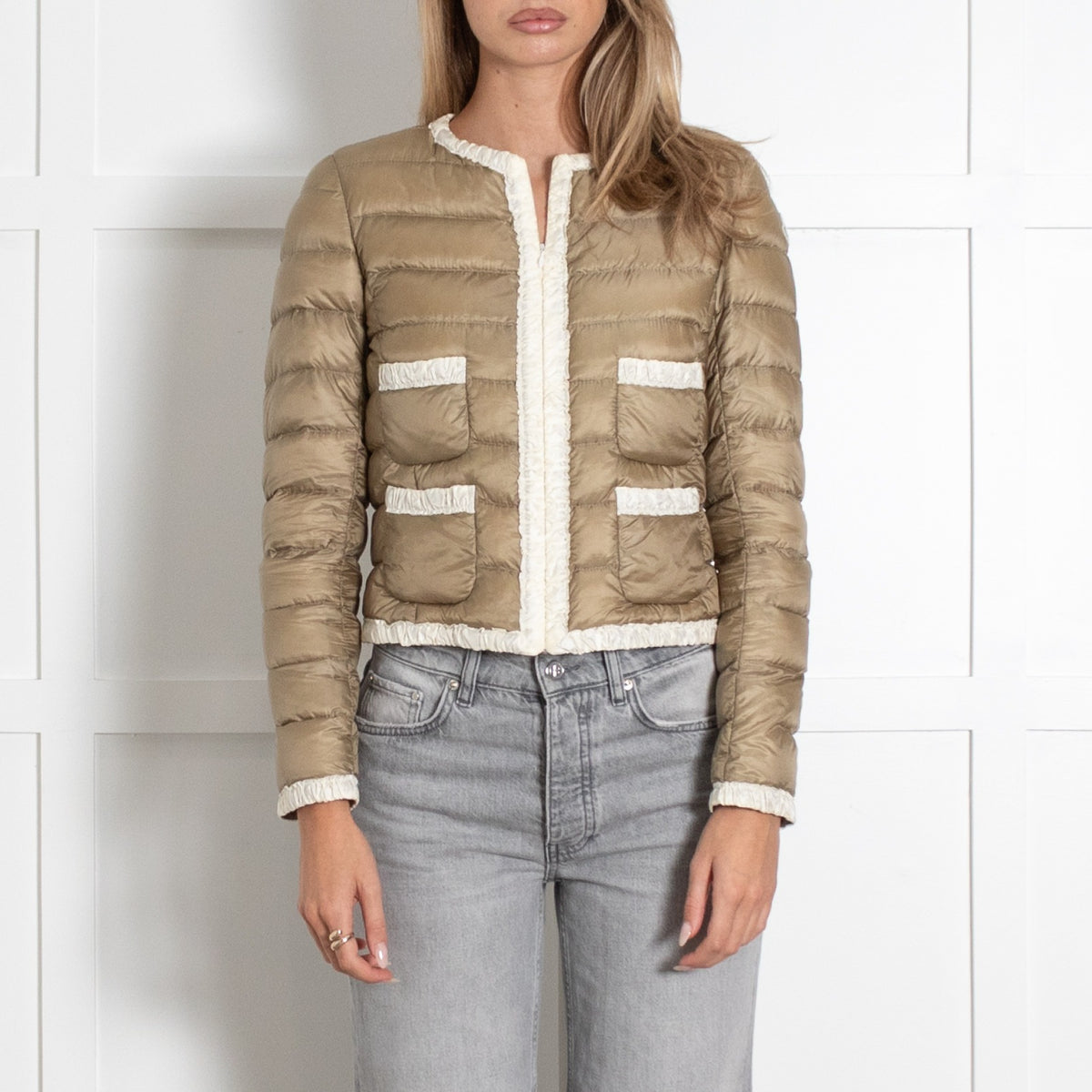 Flavienne Beige White Trim Down Puffer Jacket - Image 2