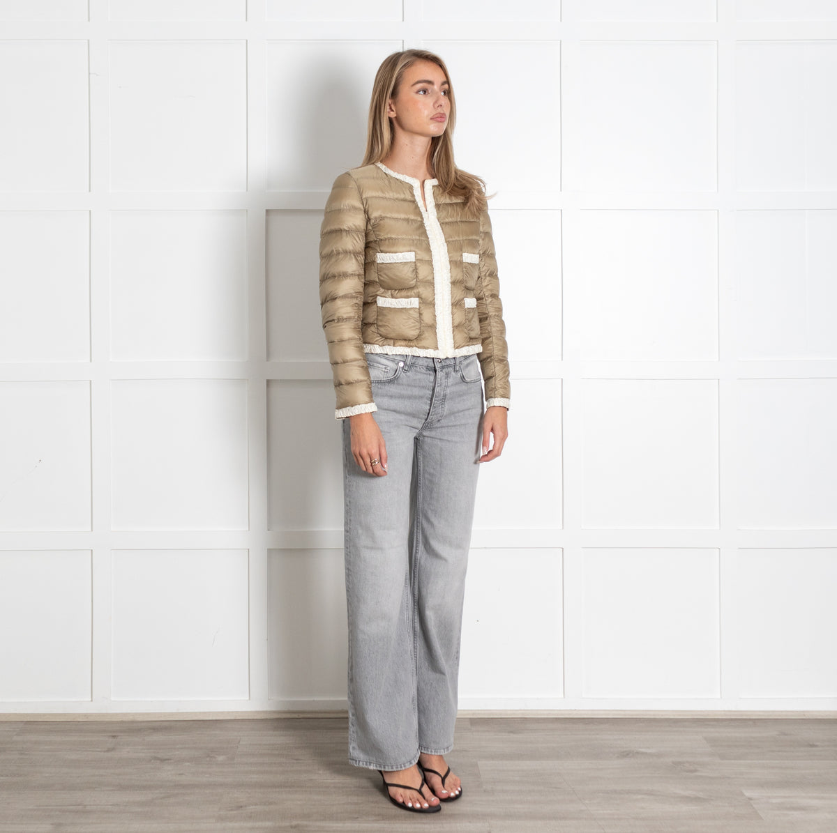 Flavienne Beige White Trim Down Puffer Jacket - Image 7