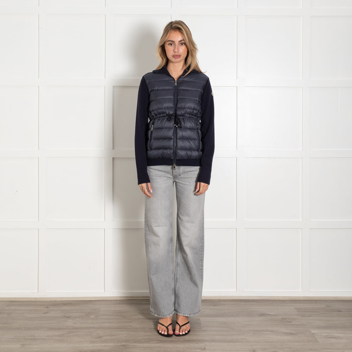 Moncler Navy Quilted Front Zip Jacket With Knitted Sleeves - Image 1