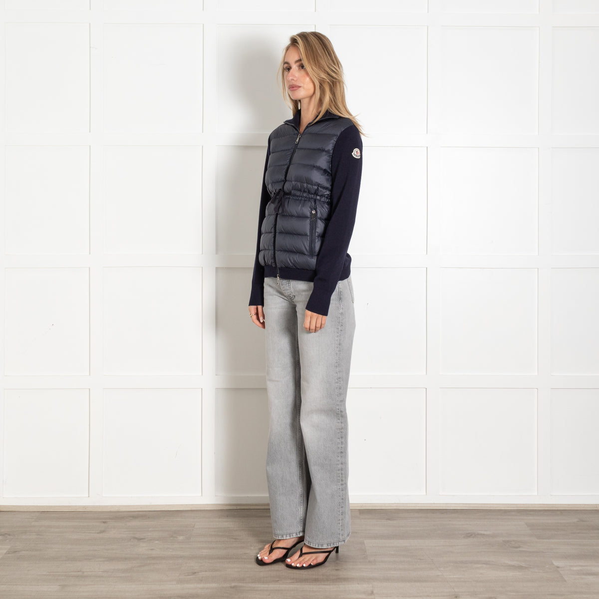 Moncler Navy Quilted Front Zip Jacket With Knitted Sleeves - Image 3