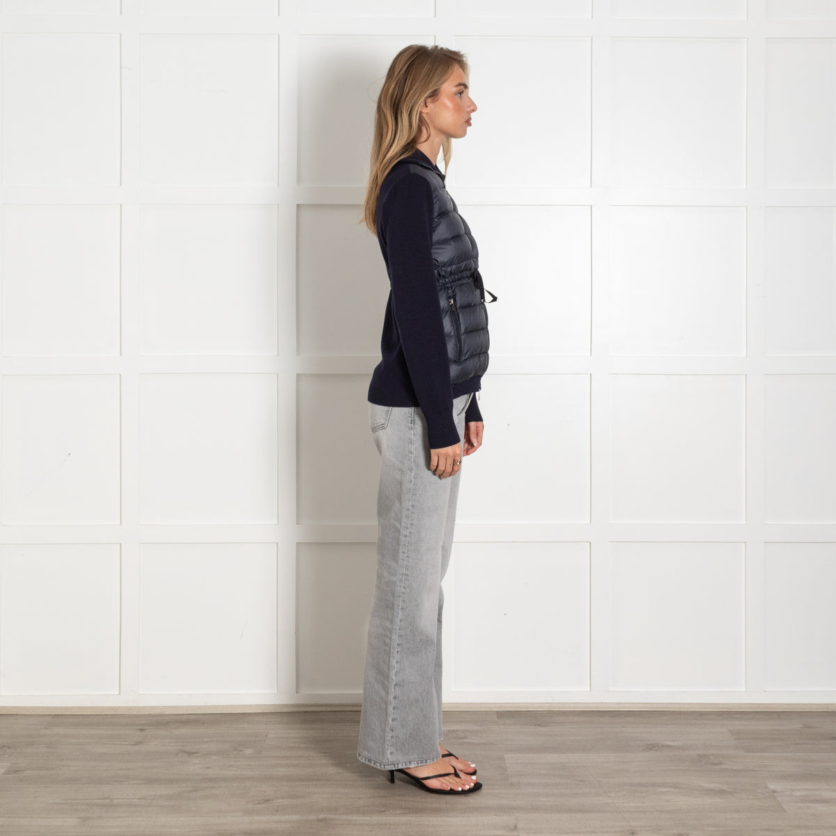 Moncler Navy Quilted Front Zip Jacket With Knitted Sleeves - Image 6