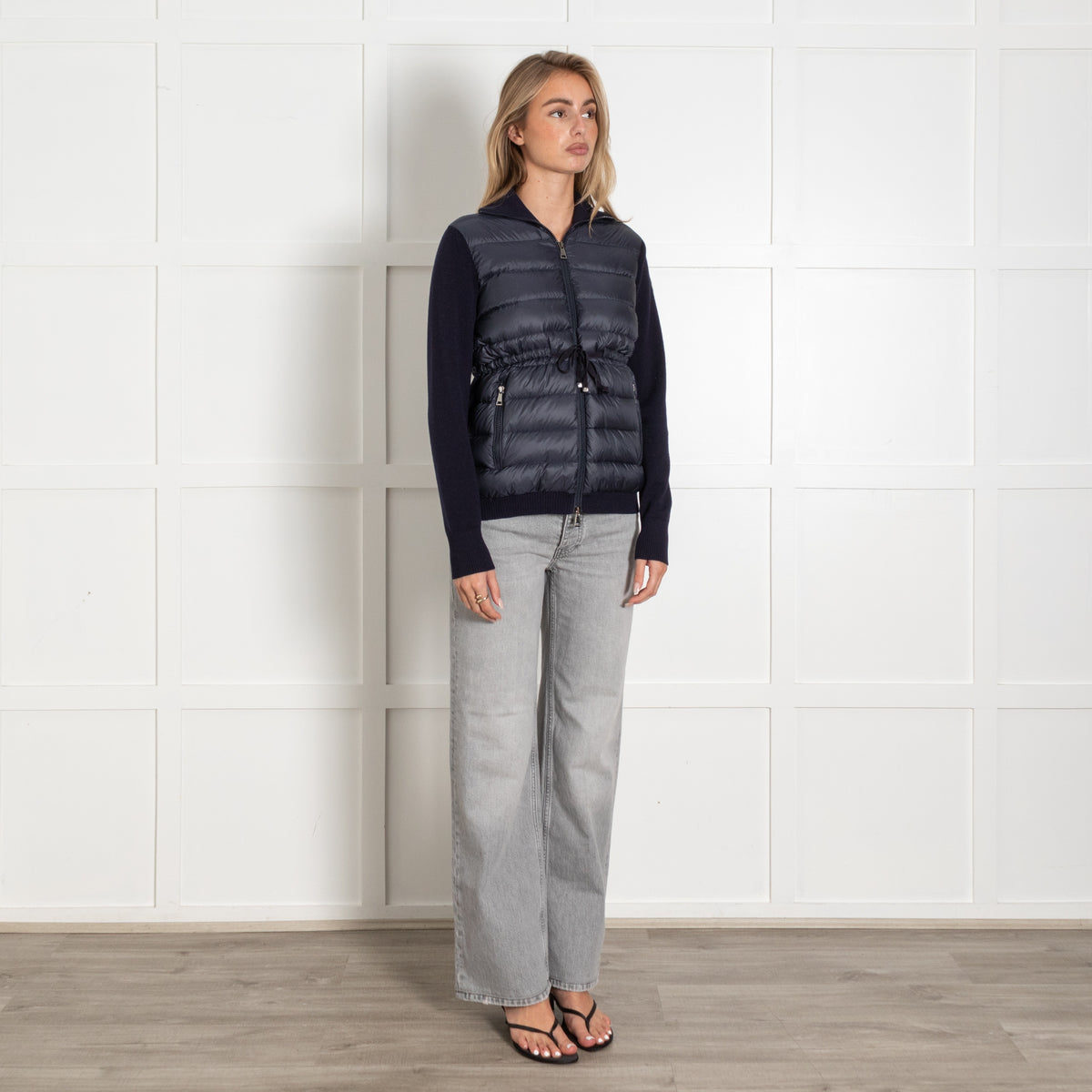 Moncler Navy Quilted Front Zip Jacket With Knitted Sleeves - Image 7