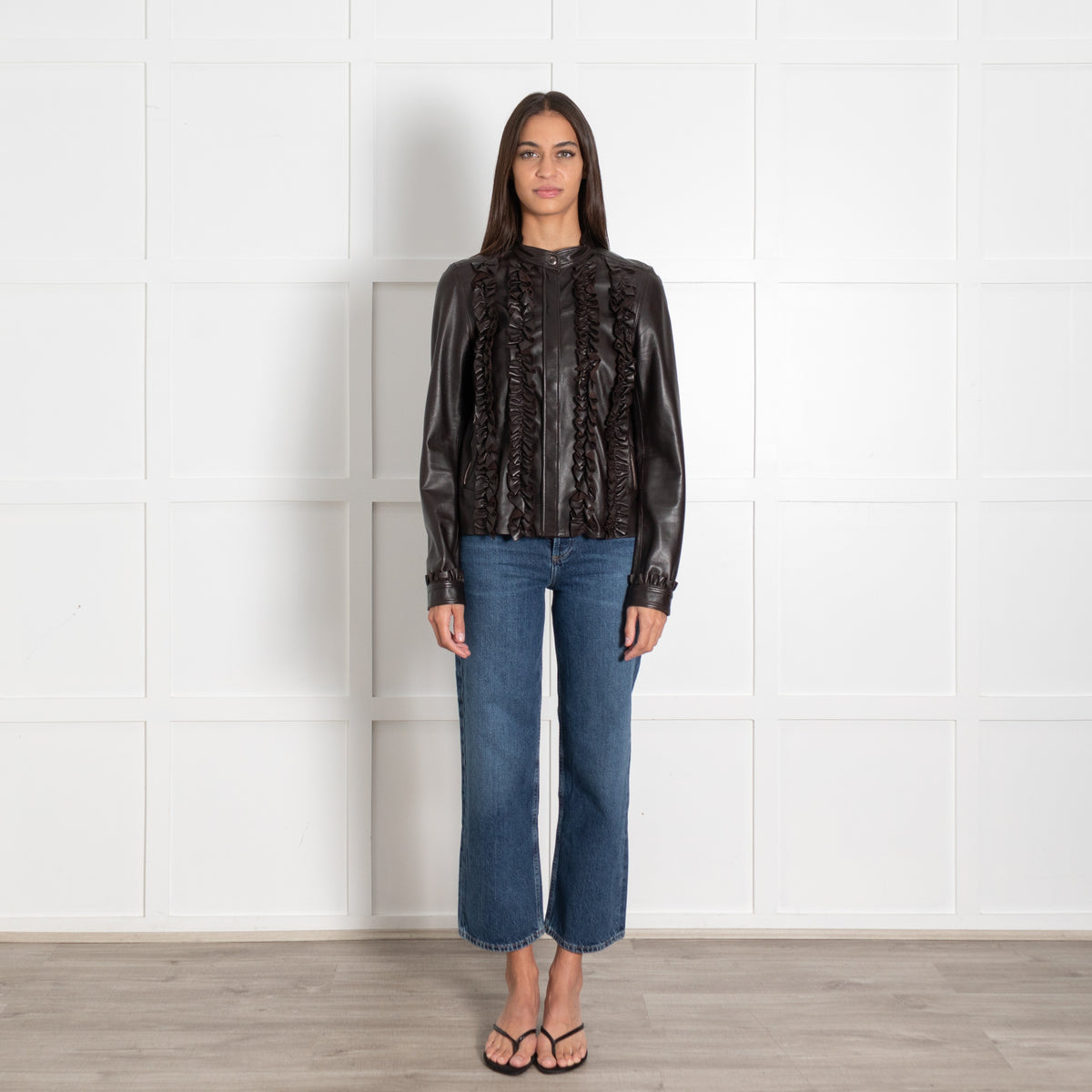 Mulberry Brown Leather Ruffle Detail Jacket - Image 1