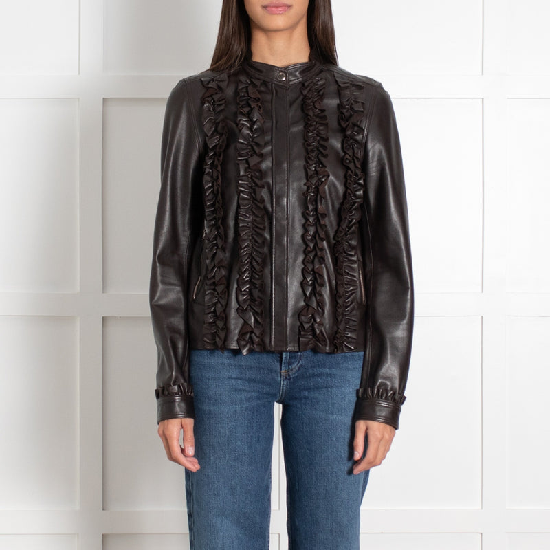 Mulberry Brown Leather Ruffle Detail Jacket - Image 2