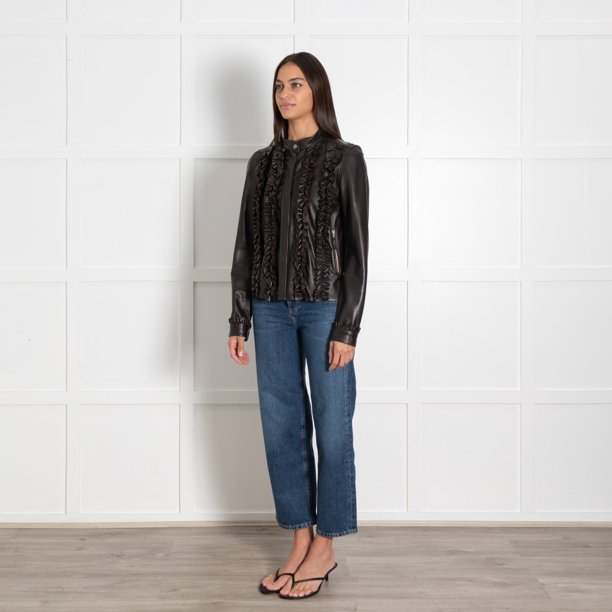 Mulberry Brown Leather Ruffle Detail Jacket - Image 3
