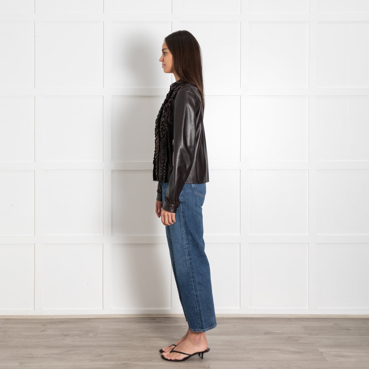 Mulberry Brown Leather Ruffle Detail Jacket - Image 4