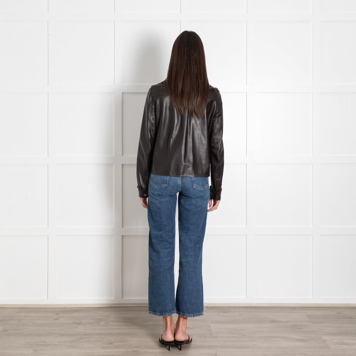Mulberry Brown Leather Ruffle Detail Jacket - Image 5