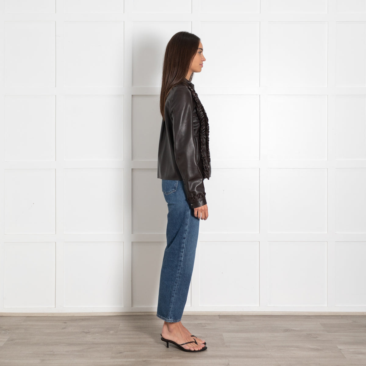Mulberry Brown Leather Ruffle Detail Jacket - Image 6