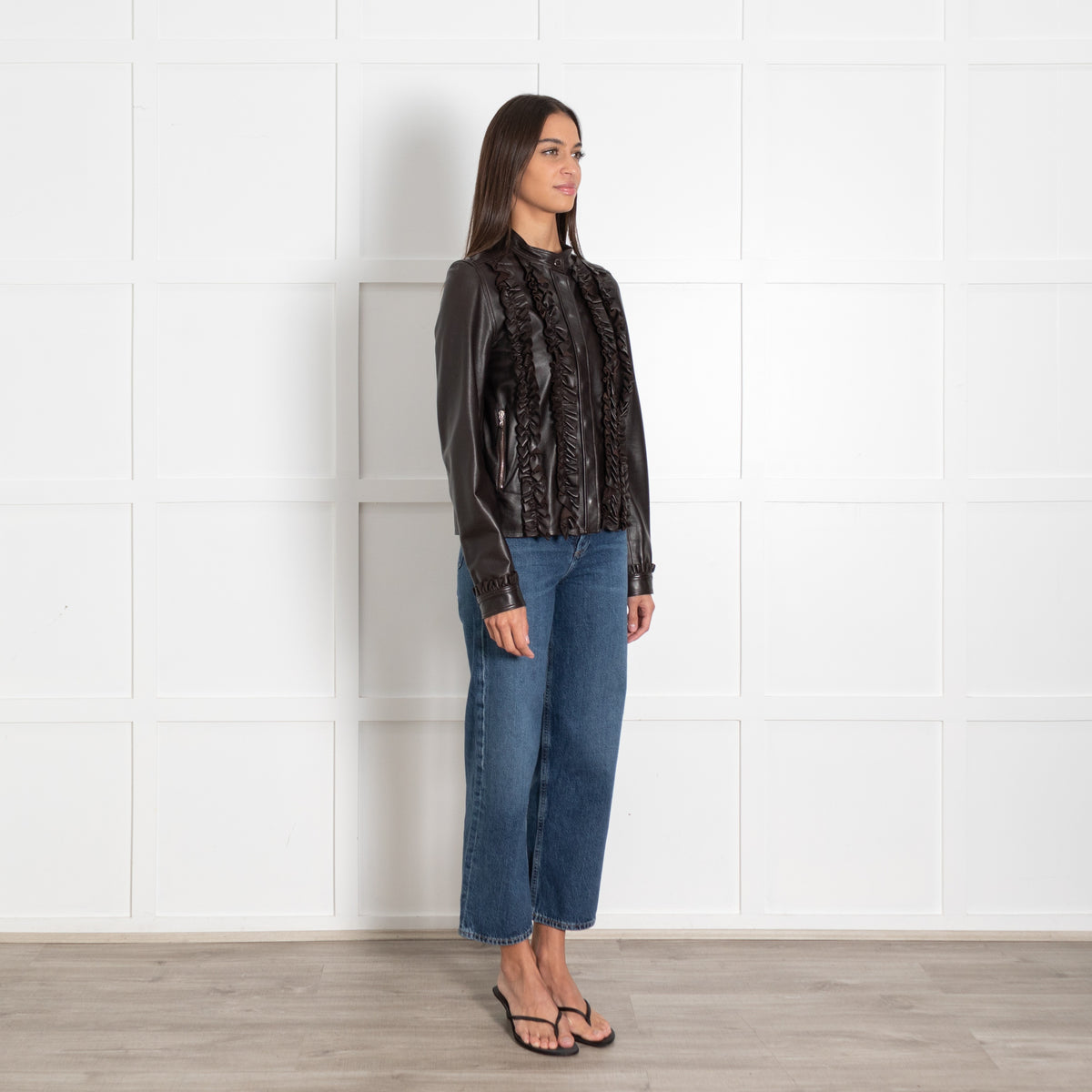 Mulberry Brown Leather Ruffle Detail Jacket - Image 7