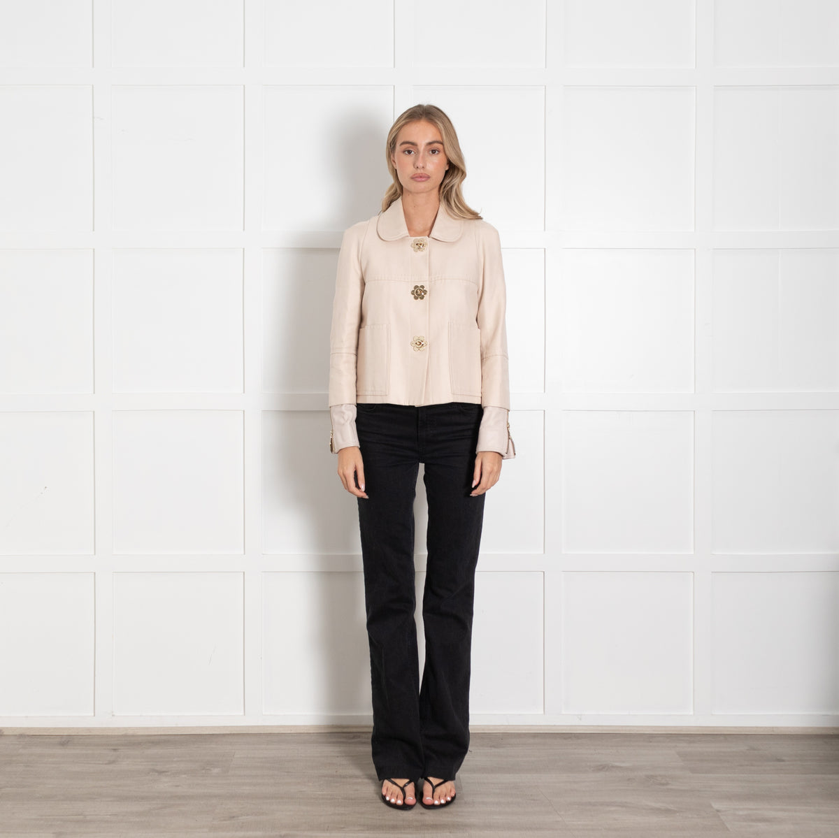 Mulberry Cream Peter Pan Collar Jacket With Flower Shape Buttons - Image 1