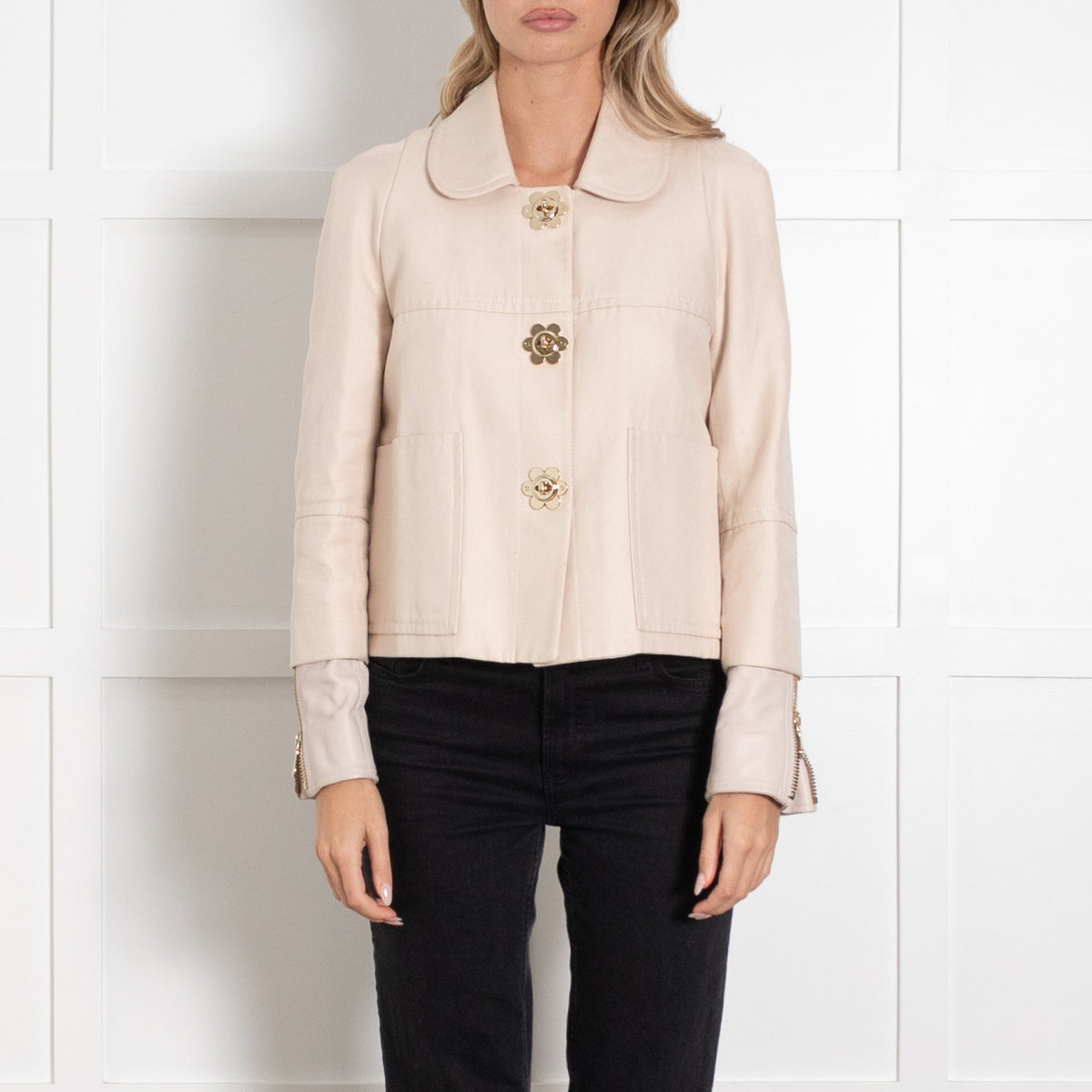 Mulberry Cream Peter Pan Collar Jacket With Flower Shape Buttons - Image 2