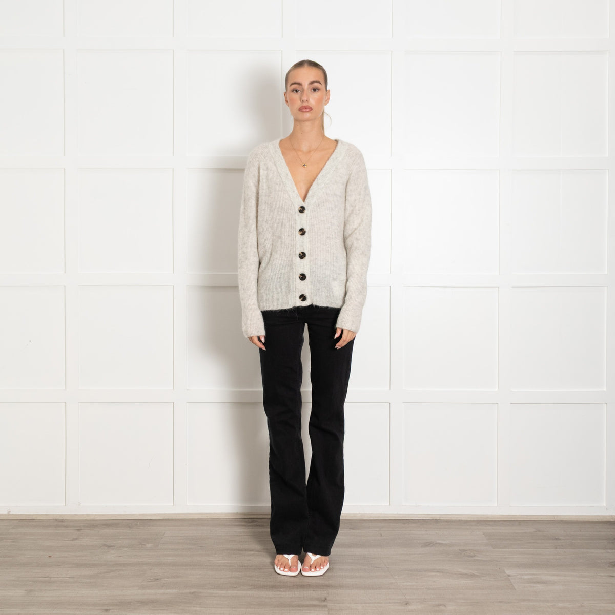 My Essential Wardrobe Grey Fleck Wool Mix Cardigan With Black Buttons - UK 10 - Image 1