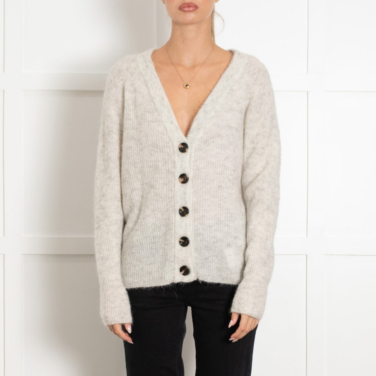 My Essential Wardrobe Grey Fleck Wool Mix Cardigan With Black Buttons - UK 10 - Image 2