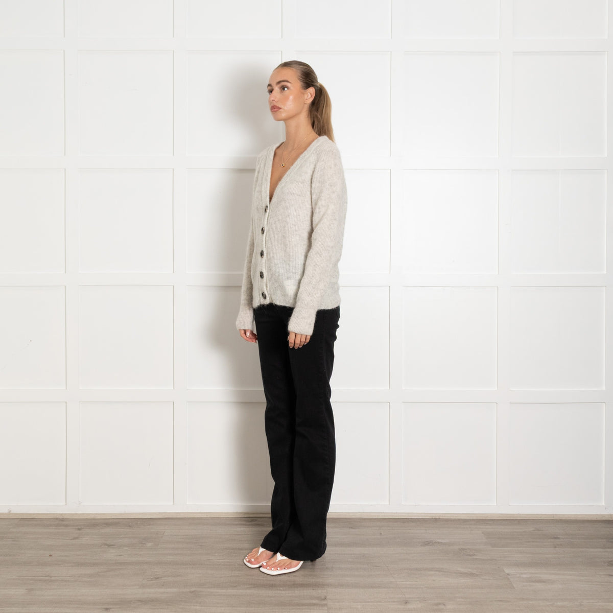 My Essential Wardrobe Grey Fleck Wool Mix Cardigan With Black Buttons - UK 10 - Image 3