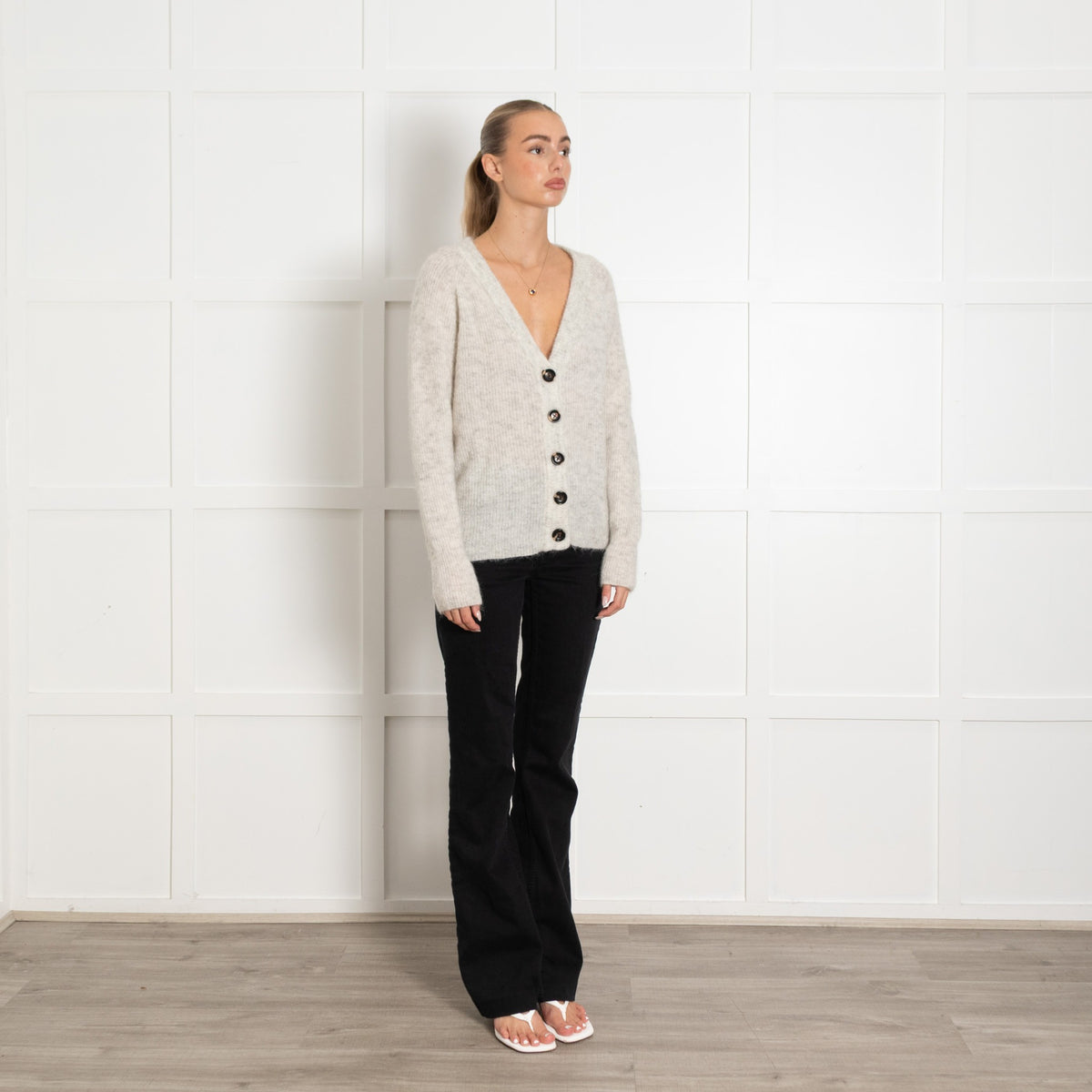 My Essential Wardrobe Grey Fleck Wool Mix Cardigan With Black Buttons - UK 10 - Image 7