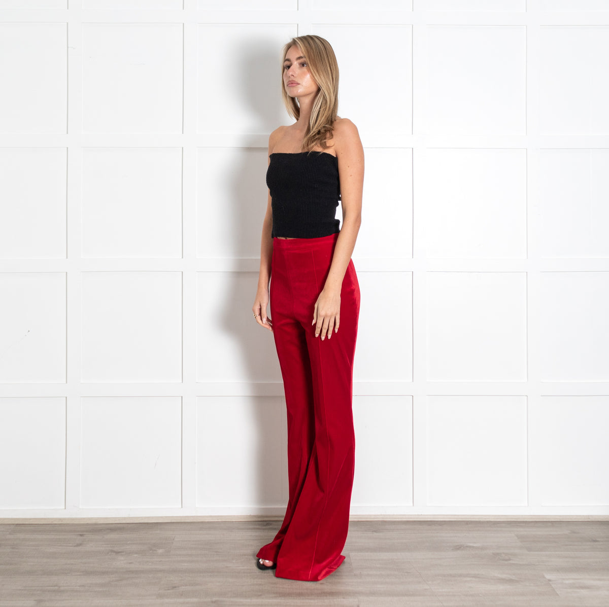 Beatrice Red Velvet Flare Leg Trousers - Image 3