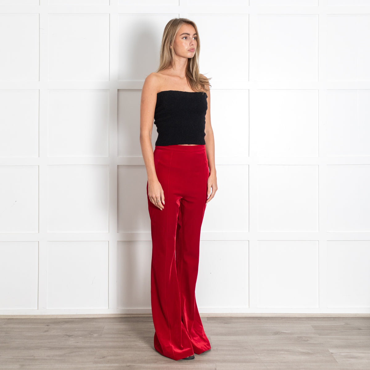 Beatrice Red Velvet Flare Leg Trousers - Image 7