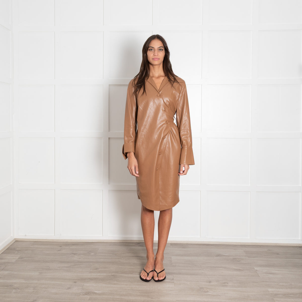 Nanushka Caramel Faux Leather Wrap Shirt Dress - Image 1