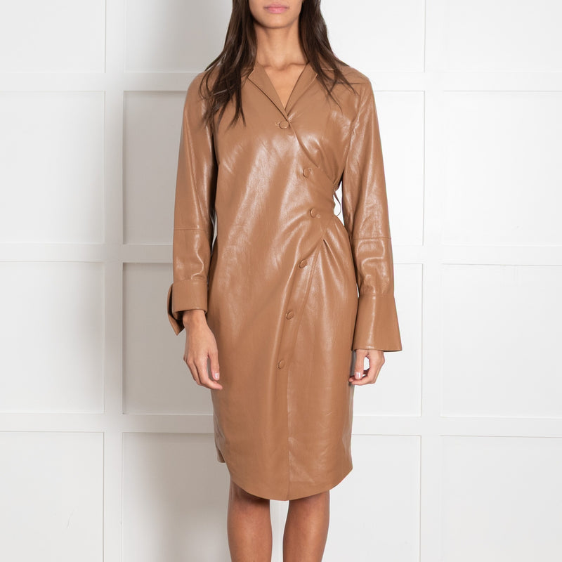 Nanushka Caramel Faux Leather Wrap Shirt Dress - Image 2
