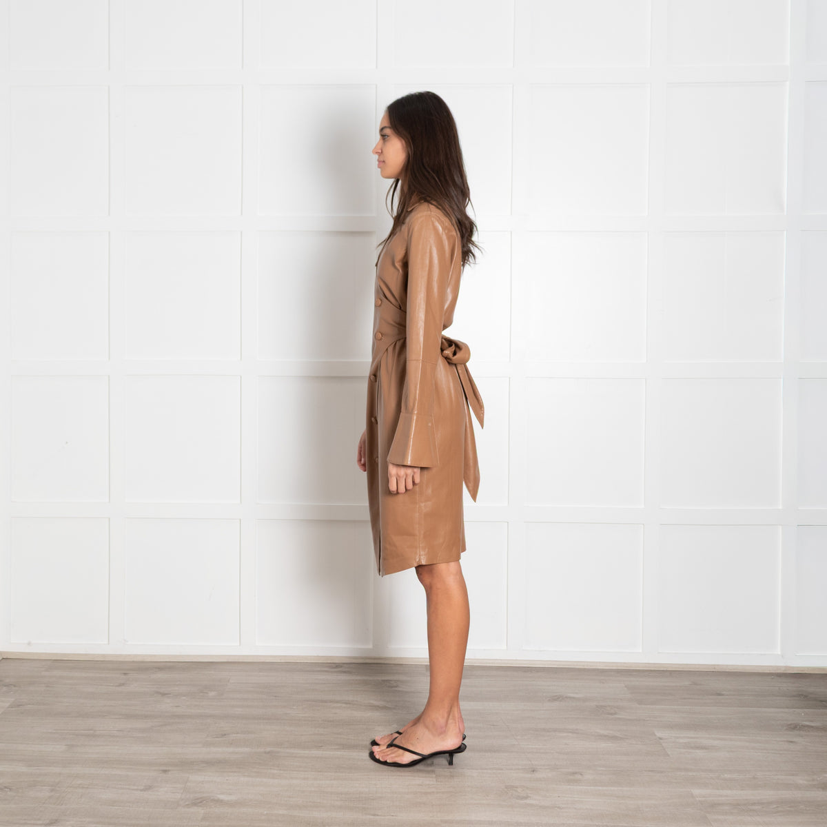 Nanushka Caramel Faux Leather Wrap Shirt Dress - Image 3