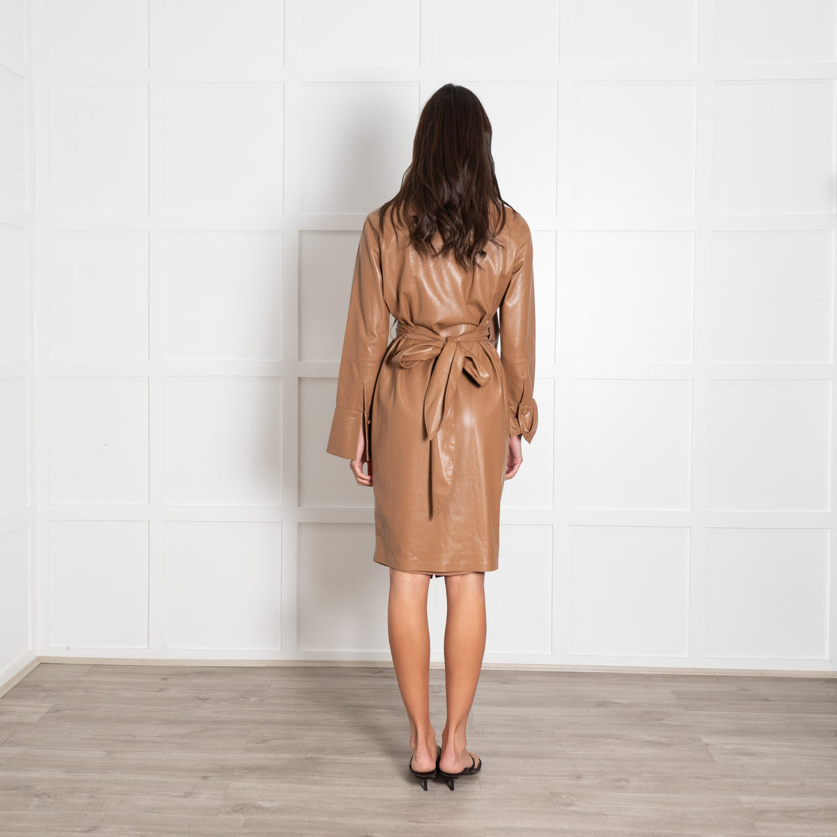 Nanushka Caramel Faux Leather Wrap Shirt Dress - Image 4