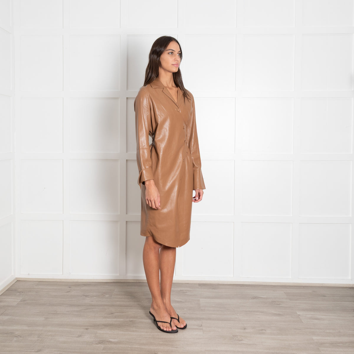 Nanushka Caramel Faux Leather Wrap Shirt Dress - Image 6