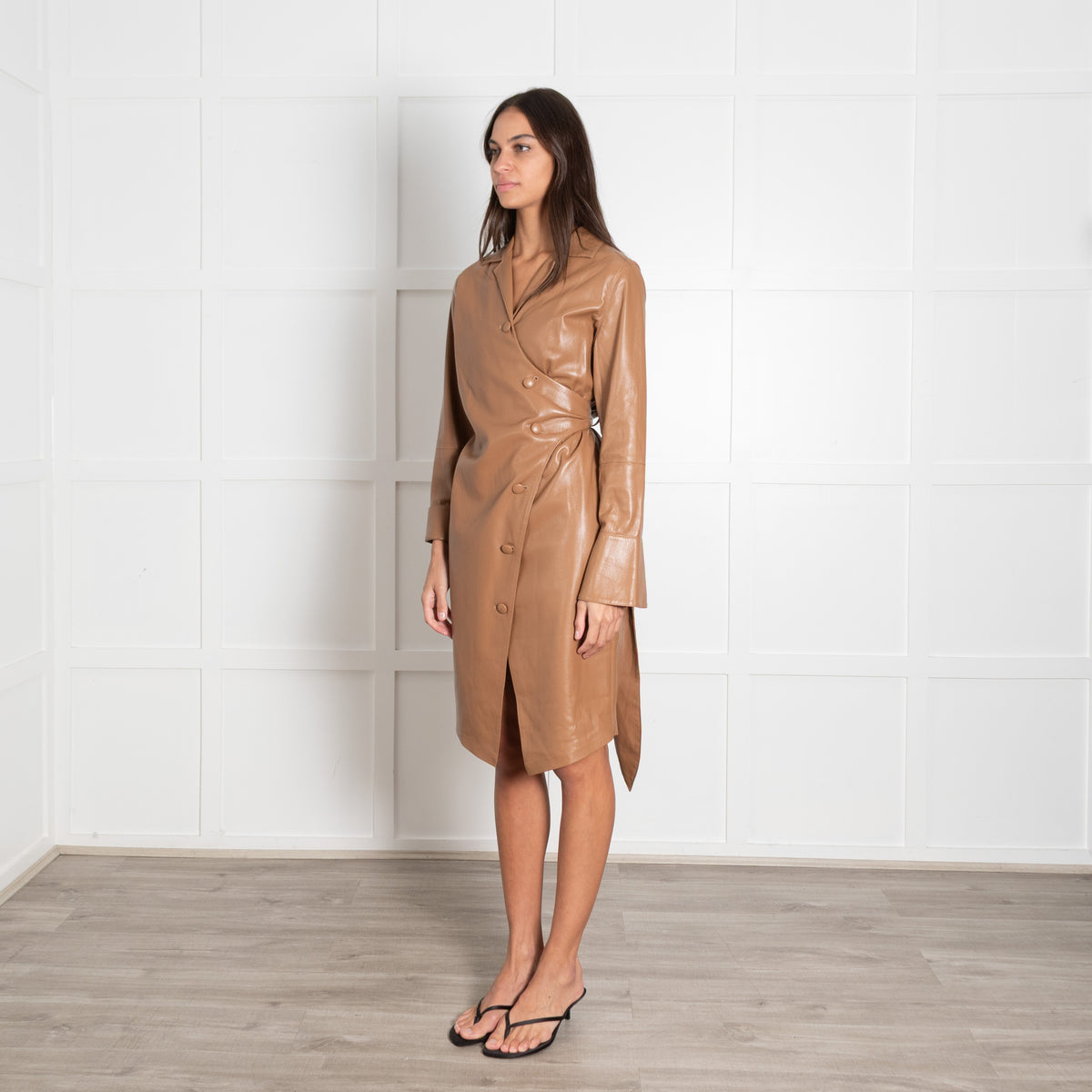 Nanushka Caramel Faux Leather Wrap Shirt Dress - Image 7