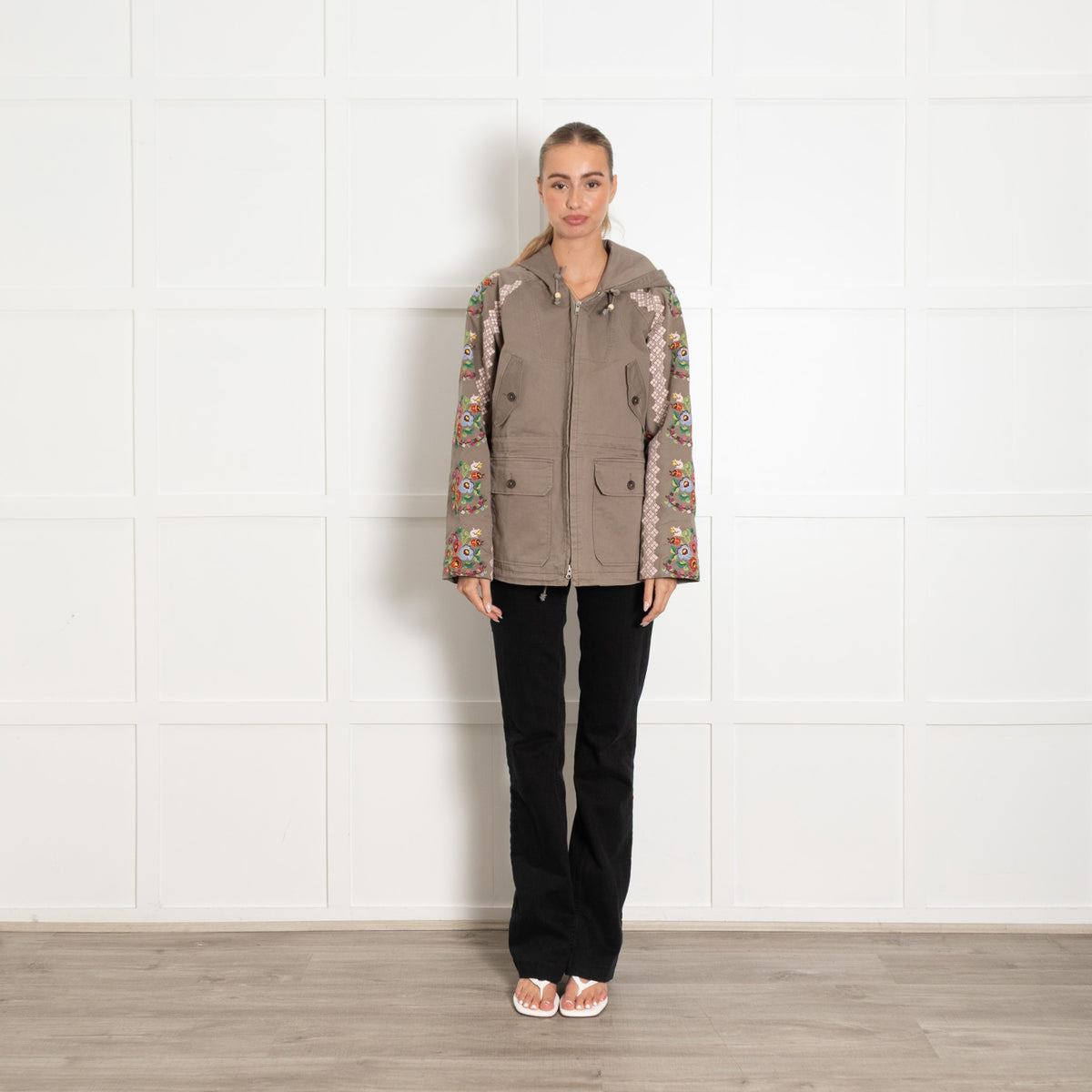Needle & Thread Khaki Cross Stitch & Flower Parka - Image 1