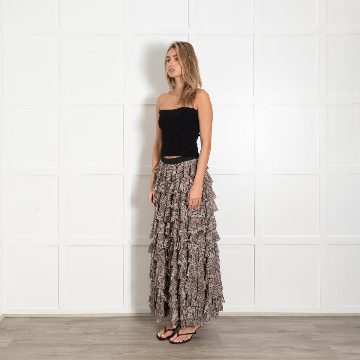 Grey and Black Animal Print Ruffled Maxi Skirt - Image 3
