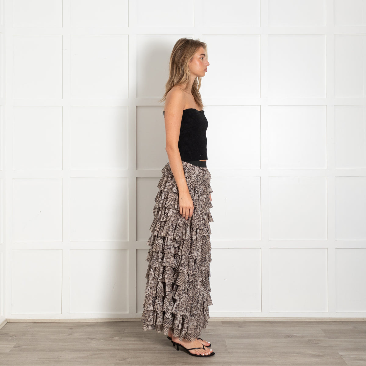 Grey and Black Animal Print Ruffled Maxi Skirt - Image 6