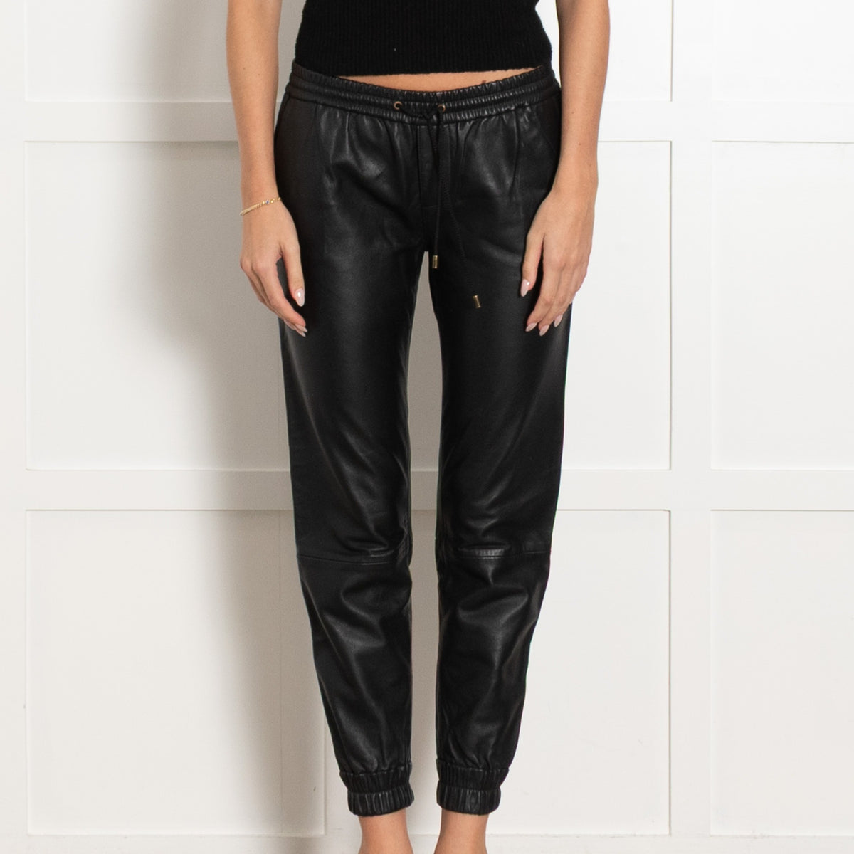Paige Black Leather Elasticated Waist Trousers - Image 1