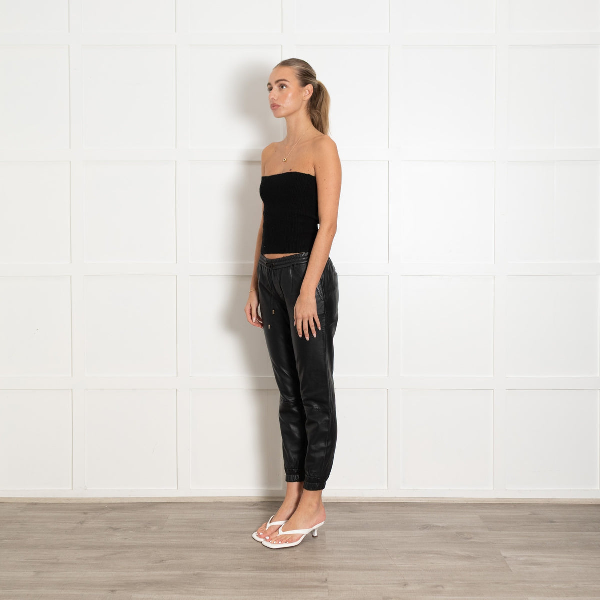Paige Black Leather Elasticated Waist Trousers - Image 3