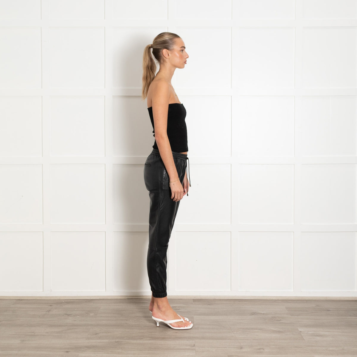 Paige Black Leather Elasticated Waist Trousers - Image 6