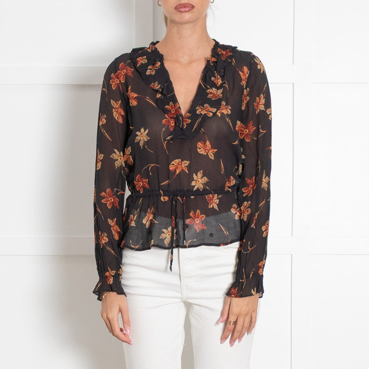 Paige Black Sheer Chiffon Blouse with Orange Flowers - Image 1