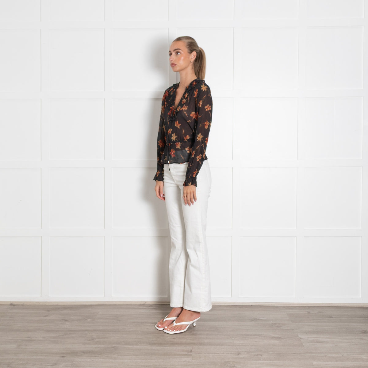 Paige Black Sheer Chiffon Blouse with Orange Flowers - Image 2