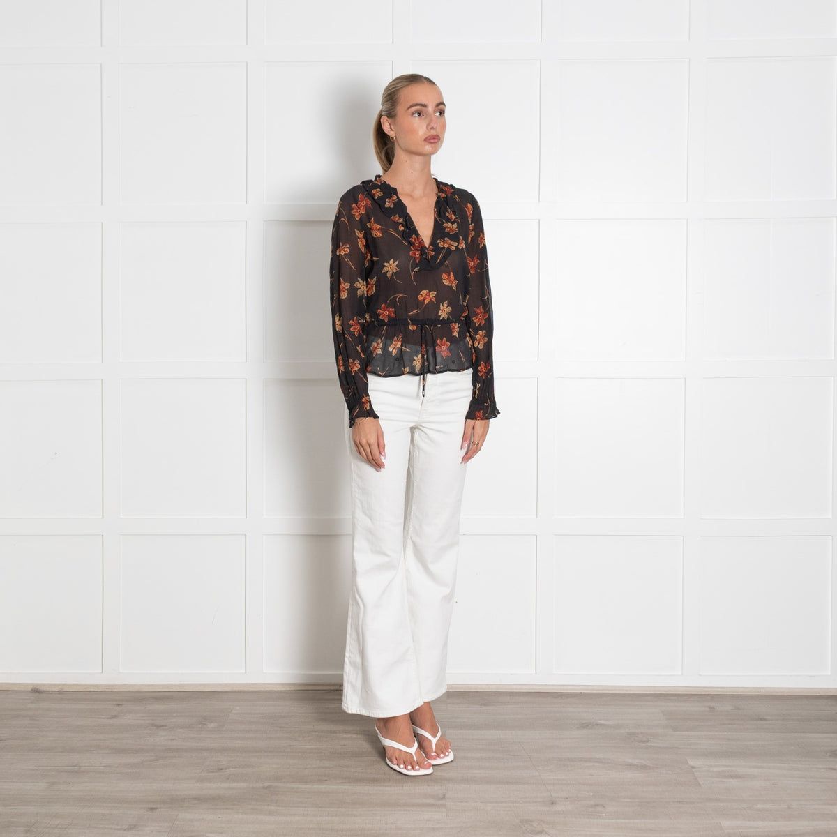 Paige Black Sheer Chiffon Blouse with Orange Flowers - Image 6