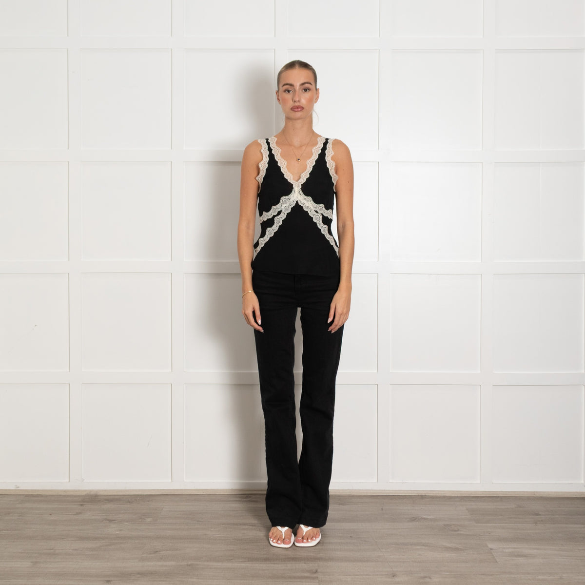 Paige Black Silk Camisole With Cream Lace Trim - Image 1