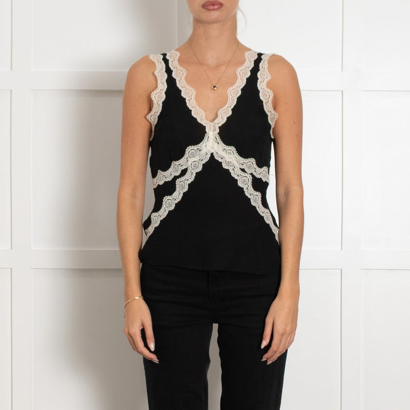 Paige Black Silk Camisole With Cream Lace Trim - Image 2
