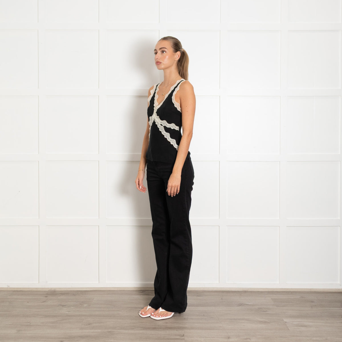 Paige Black Silk Camisole With Cream Lace Trim - Image 3