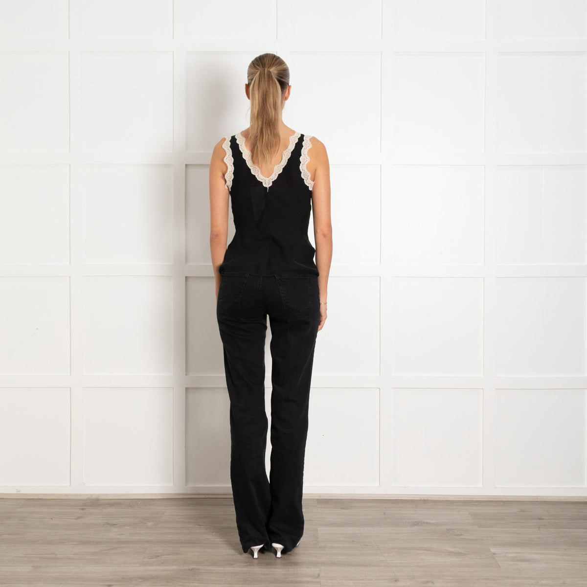 Paige Black Silk Camisole With Cream Lace Trim - Image 5