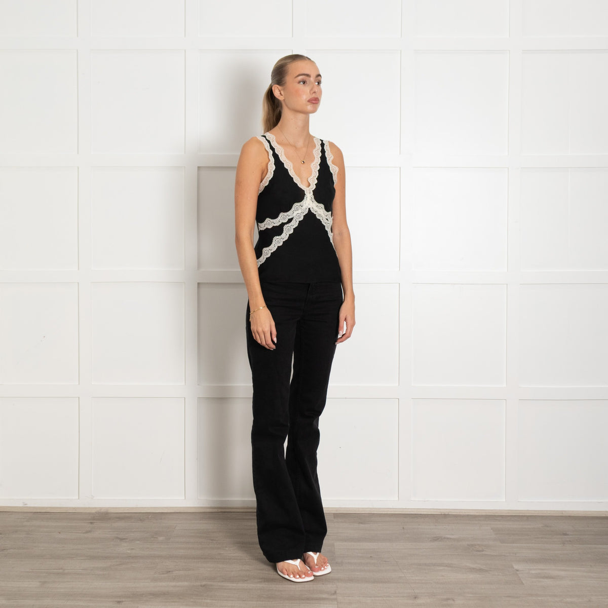Paige Black Silk Camisole With Cream Lace Trim - Image 7