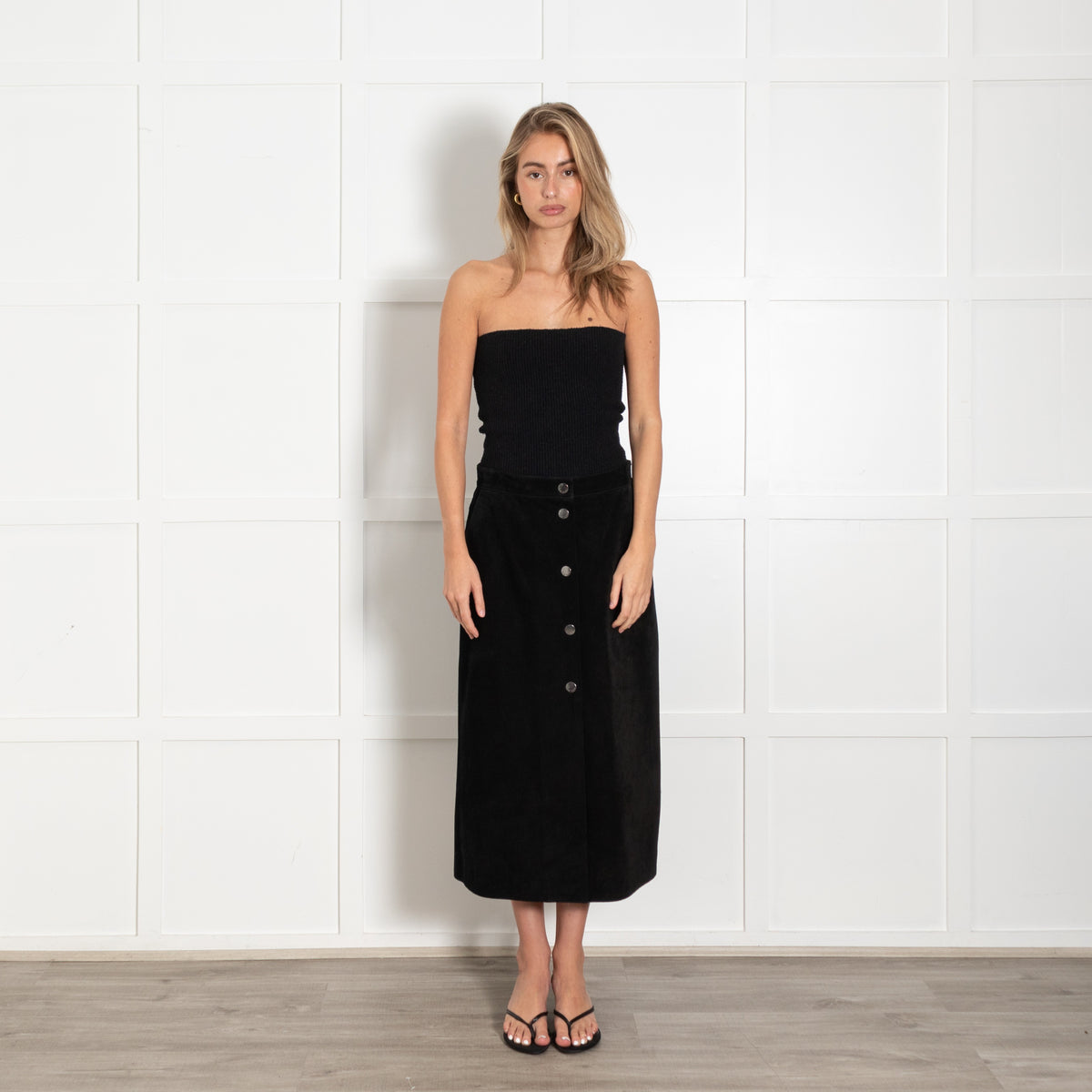 Paul Smith Black Suede Button-Front Midi A-Line Skirt - Image 1
