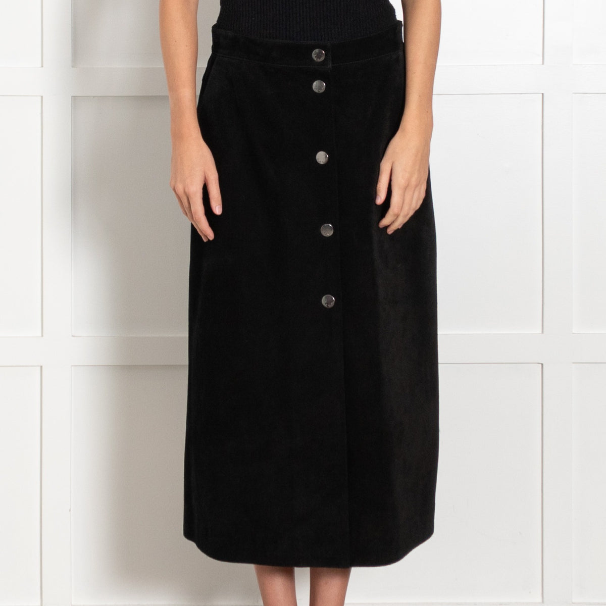 Paul Smith Black Suede Button-Front Midi A-Line Skirt - Image 2