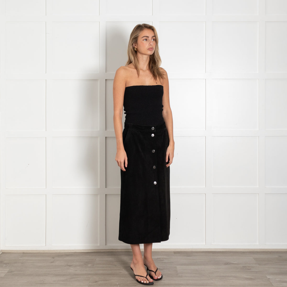 Paul Smith Black Suede Button-Front Midi A-Line Skirt - Image 7